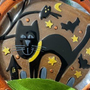 Glass Peggy Karr Halloween Platter with Black Cat and Bats